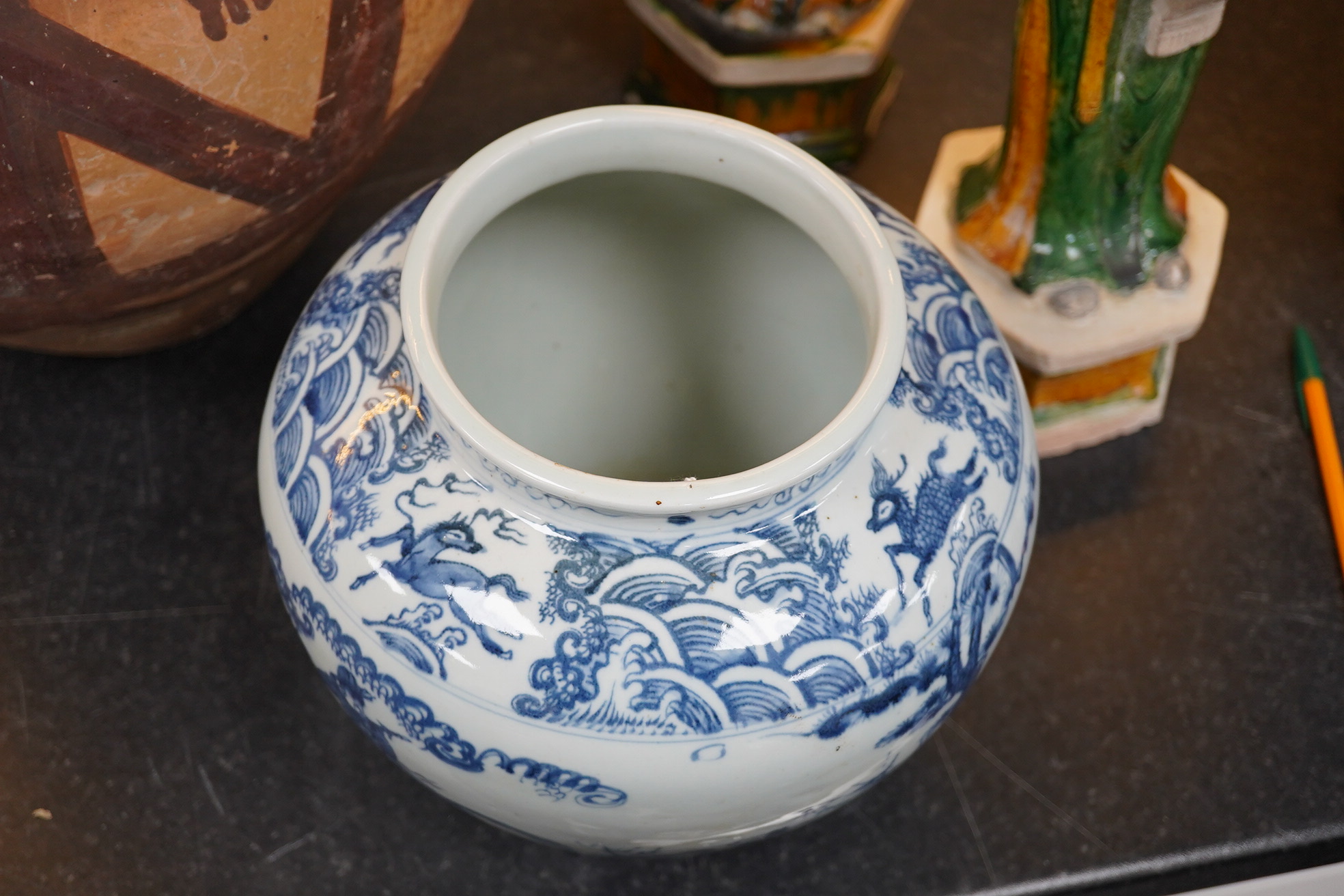 A Chinese blue and white ovoid jar, guan, Ming style